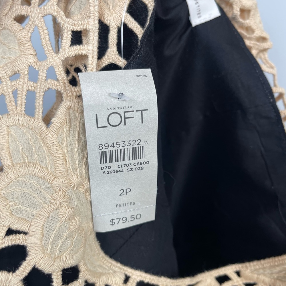 NWT LOFT Black Linen Shift Mini Dress Beige Crochet Lace Floral Neck Color Block - Picture 7 of 13